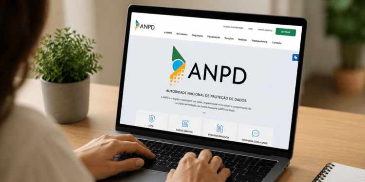 Especialista da ANPD trabalhando em escritório com computador sobre proteção de dados.
