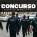 Grupo de guardas municipais caminhando em rua de paralelepípedos durante ronda com o texto Concurso Guarda Municipal em destaque no topo da imagem