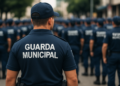 Homem de uniforme azul da Guarda Municipal observa grupo alinhado em rua arborizada