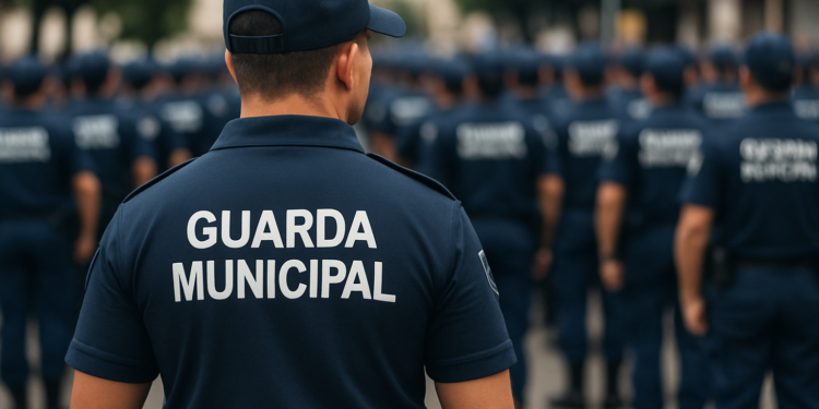 Agente da Guarda Municipal uniformizado observa fileira de colegas durante treinamento externo