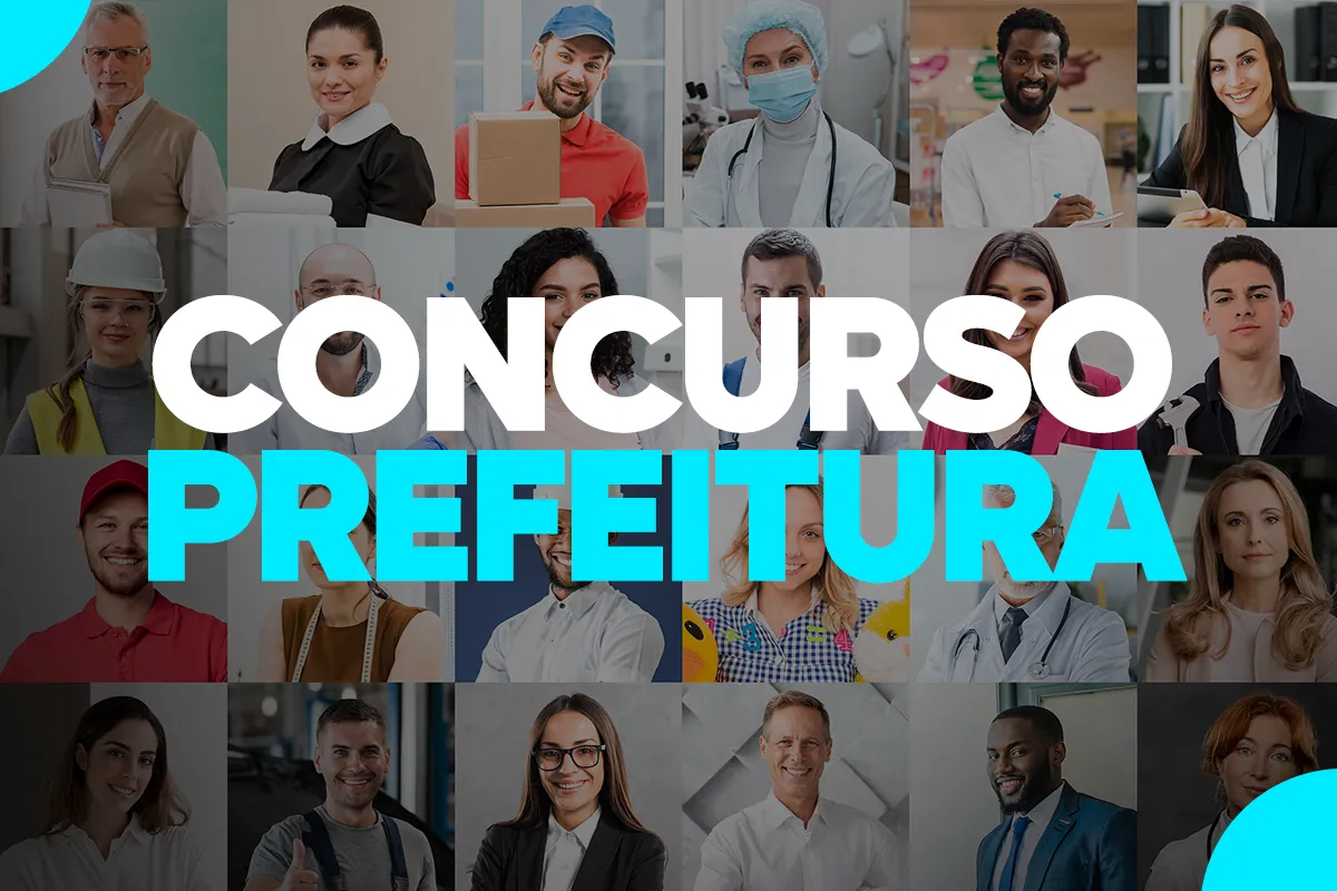 Inscrições concurso Cuité PB Diversas pessoas de diferentes profissões posando sorridentes com texto Concurso Prefeitura centralizado