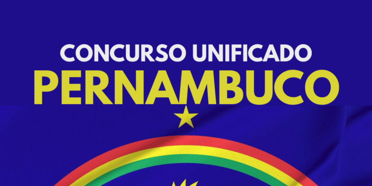 Texto Concurso Unificado Pernambuco sobre fundo azul com arco-íris e estrela amarela