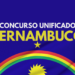 Texto Concurso Unificado Pernambuco sobre fundo azul com arco-íris e estrela amarela