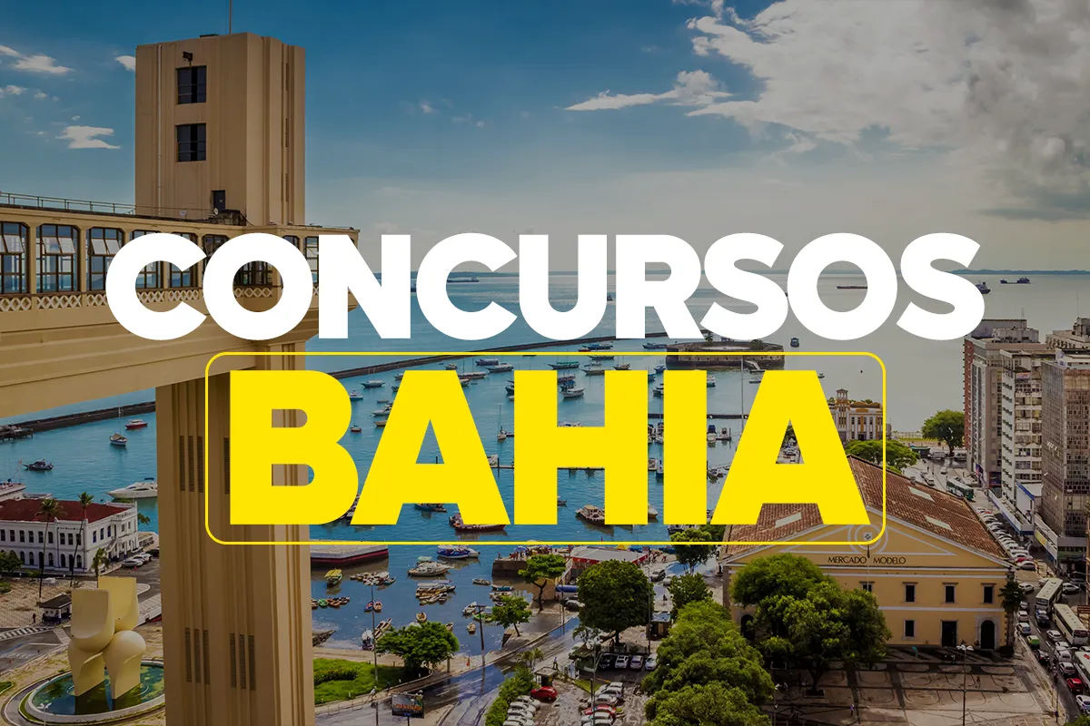 Concursos BA Elevador Lacerda enquadrado ao lado de edifícios e parte da Baía de Todos-os-Santos com texto Concursos Bahia em destaque
