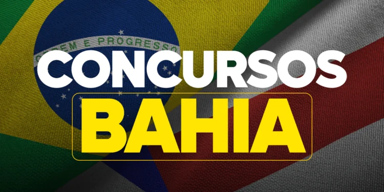 Bandeiras do Brasil e da Bahia sobrepostas com texto “Concursos Bahia” em destaque