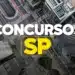 Imagem aérea da cidade de São Paulo com destaque para a sinalização de trânsito e prédios, representando concursos públicos na cidade.