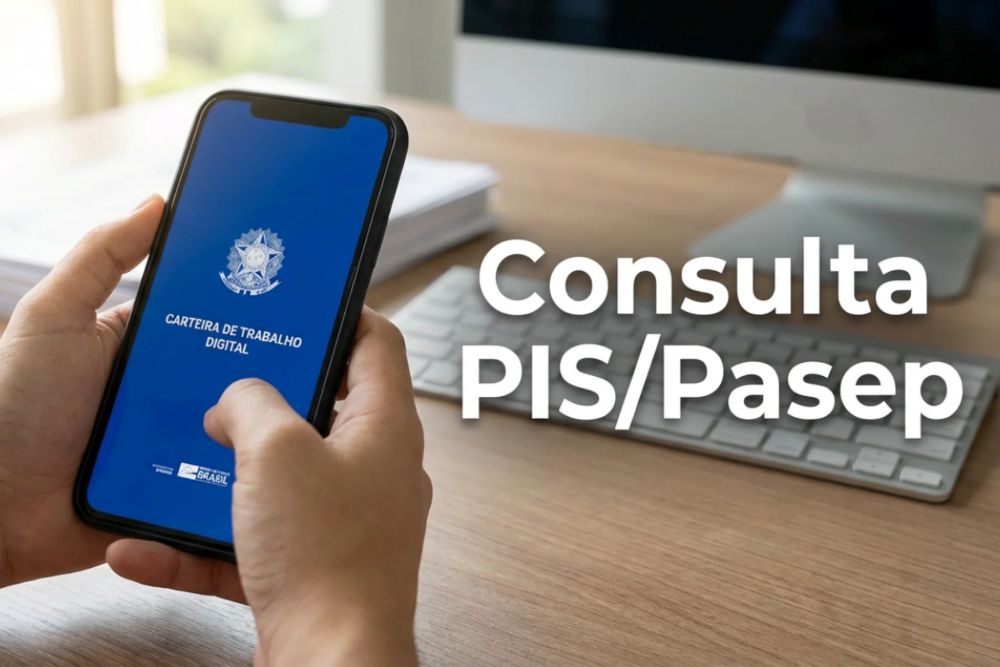 Pessoa consultando PIS/Pasep 2026 no app Carteira de Trabalho Digital Mãos segurando um celular com a tela azul do aplicativo Carteira de Trabalho Digital em um ambiente de escritório, representando a consulta ao PIS/Pasep em 2026.