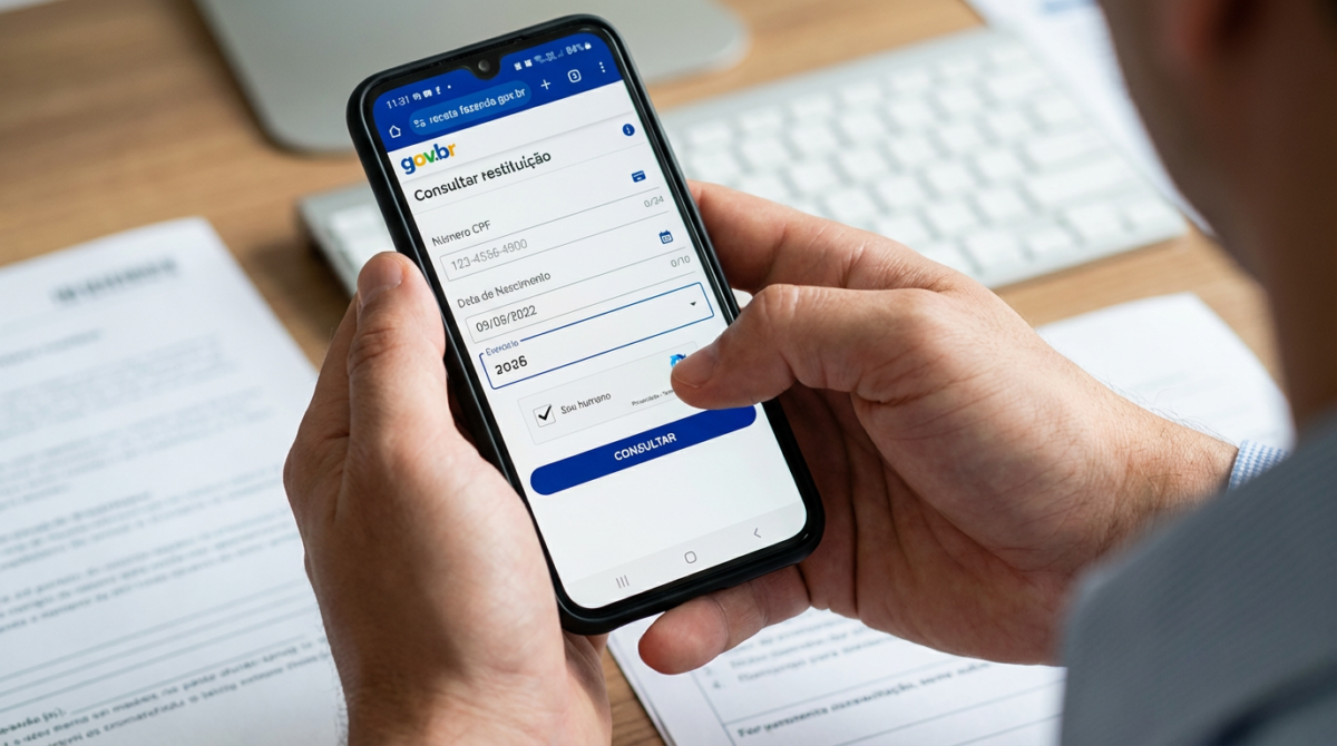 Consultar IRPF 2026 Pessoa acessando no smartphone o site gov.br para consultar restituição do Imposto de Renda 2026