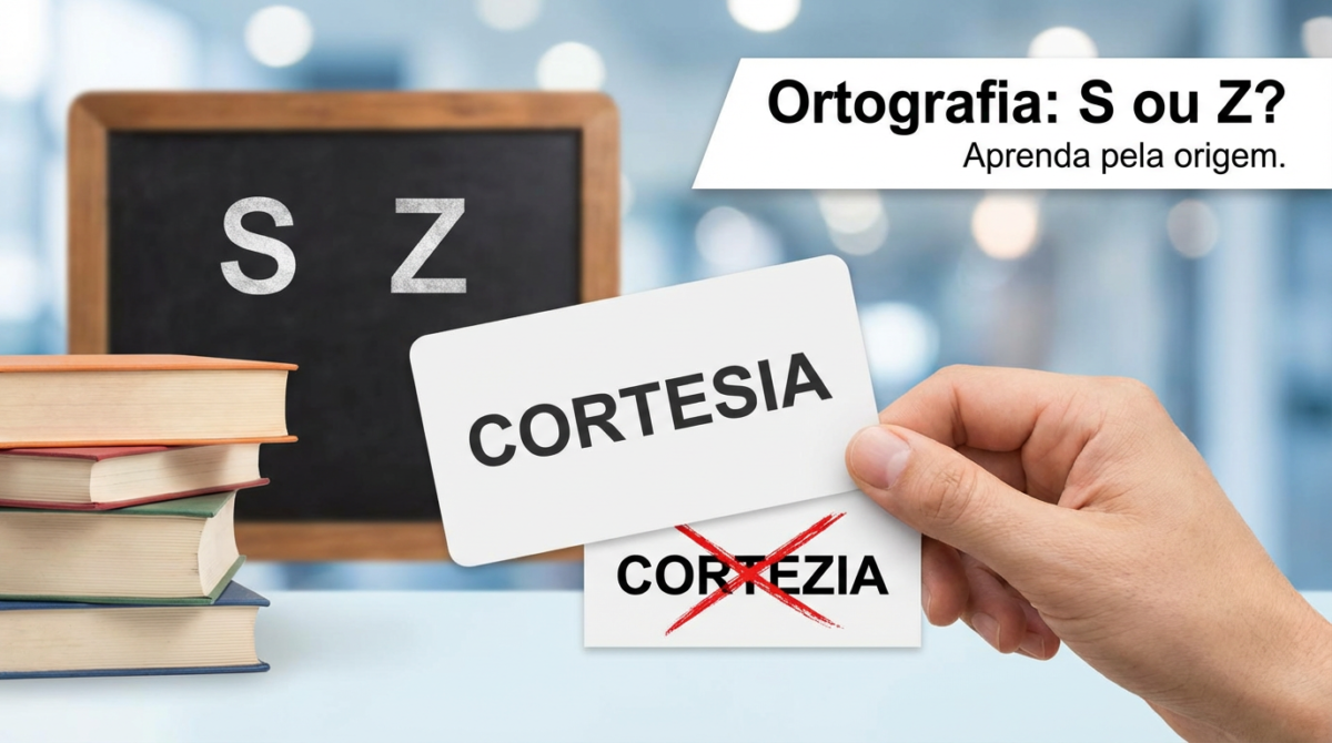 Cortesia ou Cortezia Mão segurando cartão com a palavra “cortesia” correta e outro cartão com “cortezia” riscado, ao lado de livros e quadro com letras S e Z