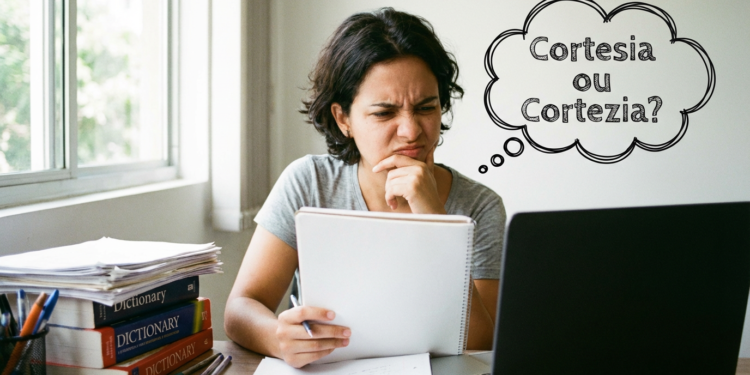 Mulher analisando caderno com expressão de dúvida, livros de dicionário na mesa