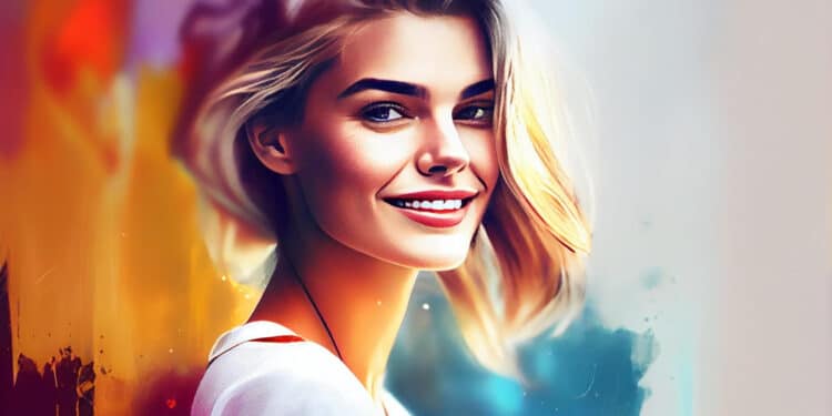 Retrato digital estilizado de mulher com efeitos artísticos coloridos criado por inteligência artificial