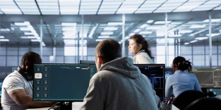 Profissionais trabalhando em um ambiente tecnológico, representando a prática dos cursos de graduação tecnólogo, como Análise e Desenvolvimento de Sistemas.