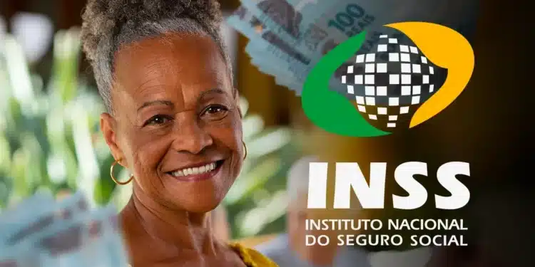 Mulher sorrindo com dinheiro e logo do INSS, relacionado ao 13º salário do INSS e sua primeira parcela liberada entre 24/04 e 08/05.
