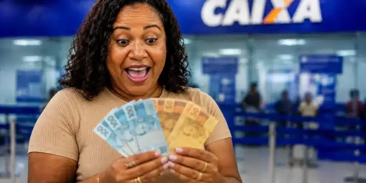Beneficiária do Mães de Pernambuco segura cédulas de real em frente a uma agência da CAIXA, representando o pagamento de R$ 300.