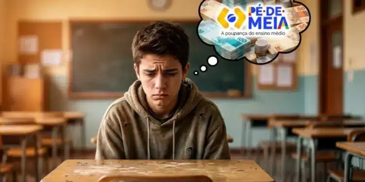 Estudante em sala de aula preocupado com o depósito do Pé-de-Meia, visualizando a poupança do ensino médio