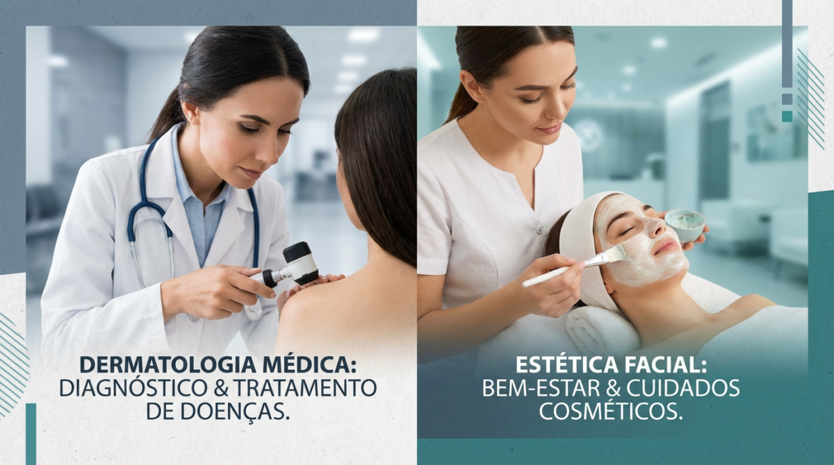 Dermatologista ou Esteticista Duas imagens lado a lado: à esquerda, uma dermatologista; à direita, uma esteticista.