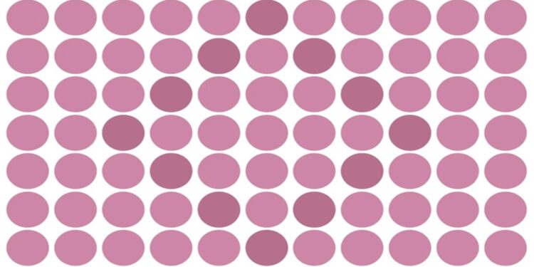 Desafio lógico com vários círculos cor-de-rosa alinhados, com alguns formando um losango