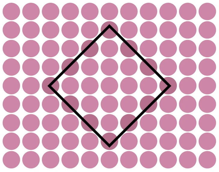 Losango oculto em meio a círculos desafia percepção visual Desafio lógico com vários círculos cor-de-rosa alinhados, com alguns formando um losango