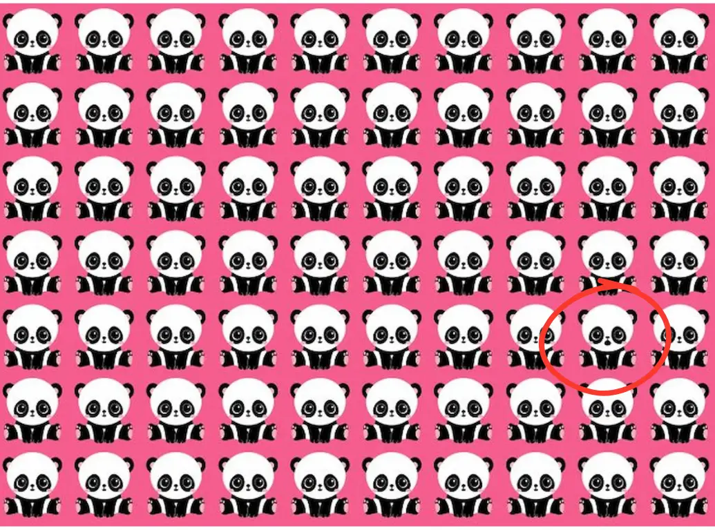 Solução do Desafio Visual: Encontre o Panda Diferente! Solução do desafio visual: o panda único está na quinta linha e na nona coluna.