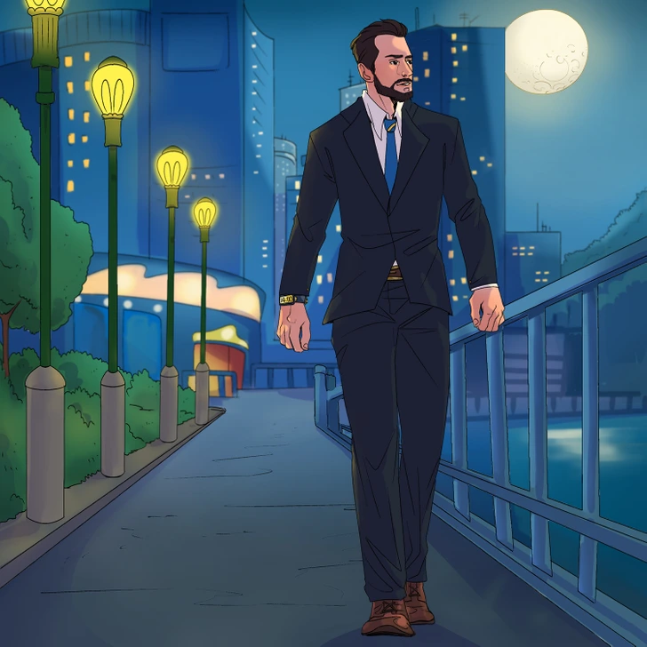 O desafio da percepção está em descobrir o erro. Desafio visual com um homem usando terno escuro caminhando por uma ponte iluminada à noite com lua cheia