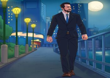 Desafio visual com um homem usando terno escuro caminhando por uma ponte iluminada à noite com lua cheia