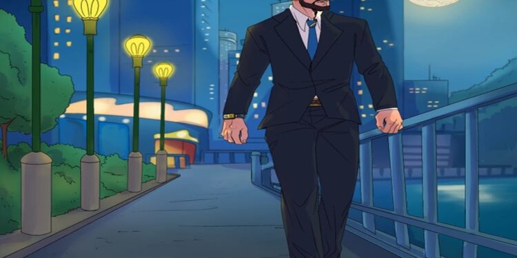 Desafio visual com um homem usando terno escuro caminhando por uma ponte iluminada à noite com lua cheia