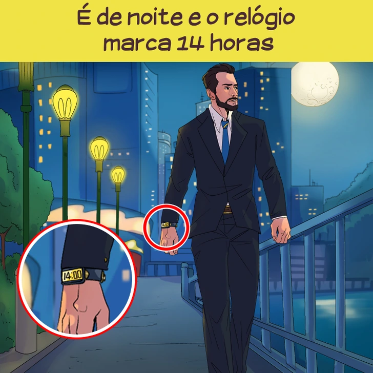 Homem de terno caminha à noite com postes de luz acesos sob a lua cheia Desafio visual com um homem usando terno escuro caminhando por uma ponte iluminada à noite com lua cheia