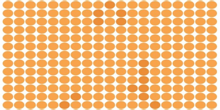 Desafio visual com diversos círculos laranja organizados onde uma estrela sutil está escondida