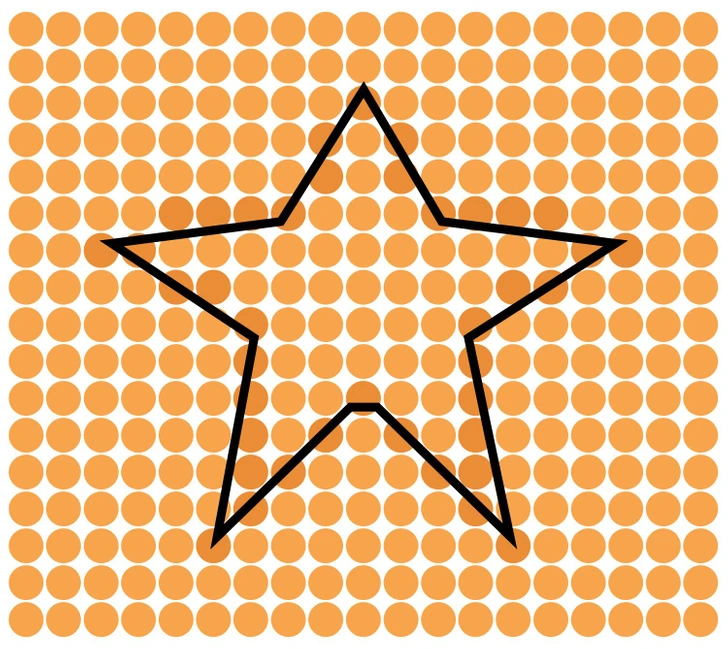 Estrela camuflada entre círculos alaranjados em desafio visual Desafio visual com diversos círculos laranja organizados onde uma estrela sutil está escondida