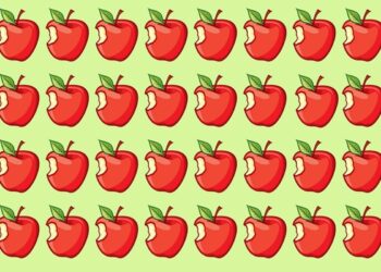 Desafio visual com várias maçãs vermelhas com mordida alinhadas, uma delas diferente das demais