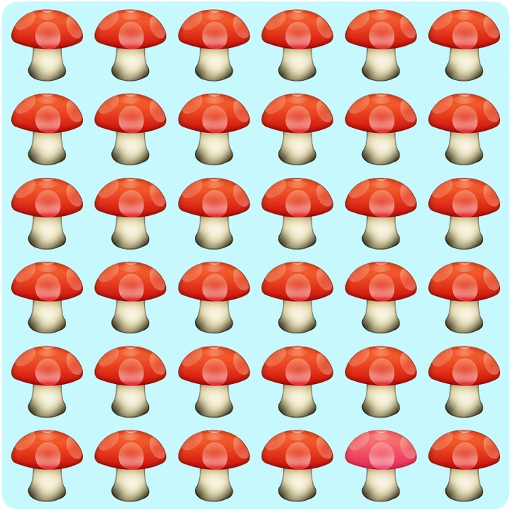 Desafie seu olhar: encontre o cogumelo diferente. Desafio visual com vários cogumelos com chapéus vermelhos e um cogumelo diferente camuflado