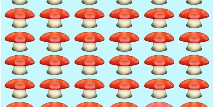 Desafio visual com vários cogumelos com chapéus vermelhos e um cogumelo diferente camuflado