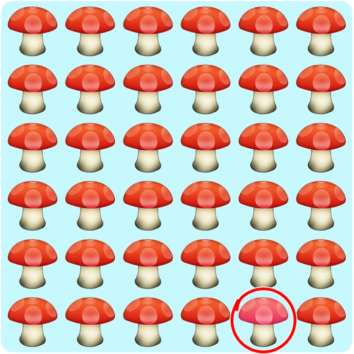 Cogumelos coloridos organizados para desafio visual 2026 Desafio visual com vários cogumelos com chapéus vermelhos e um cogumelo diferente camuflado