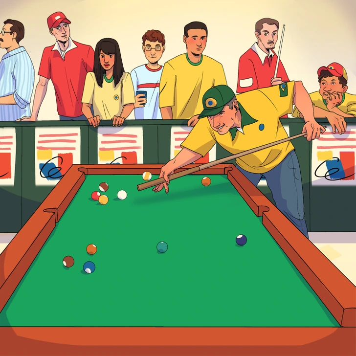 Identifique o erro na partida de sinuca. Desafio visual com um jogador de sinuca preparando tacada enquanto público observa, detalhes incomuns na mesa