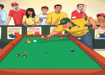 Desafio visual com um jogador de sinuca preparando tacada enquanto público observa, detalhes incomuns na mesa
