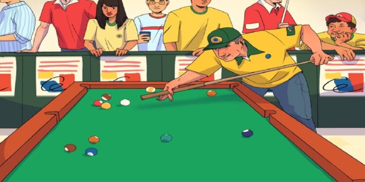 Desafio visual com um jogador de sinuca preparando tacada enquanto público observa, detalhes incomuns na mesa