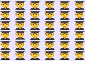 Desafio visual com diversos emojis de formandos alinhados com um emoji diferente entre eles