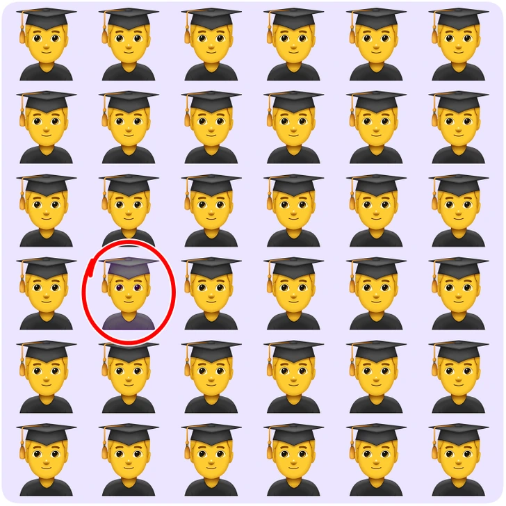 Emojis de formandos em desafio visual de 2026 Desafio visual com diversos emojis de formandos alinhados com um emoji diferente entre eles