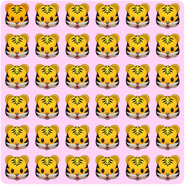 Você consegue localizar o tigrinho fora do padrão neste desafio visual? Desafio visual com linhas de emojis de tigrinho sobre fundo rosa, um deles diferente entre os iguais