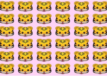 Desafio visual com linhas de emojis de tigrinho sobre fundo rosa, um deles diferente entre os iguais