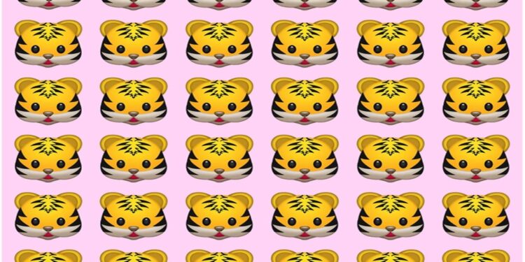 Desafio visual com linhas de emojis de tigrinho sobre fundo rosa, um deles diferente entre os iguais