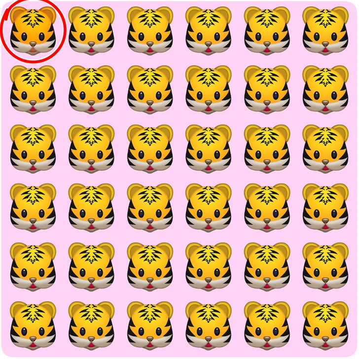 Vários emojis de tigrinho em teste visual de atenção Desafio visual com linhas de emojis de tigrinho sobre fundo rosa, um deles diferente entre os iguais