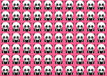 Desafio visual com pandas em fundo rosa: encontre o panda diferente em 10 segundos.