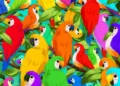 Desafio visual com papagaios coloridos e camaleão camuflado – encontre o camaleão escondido.