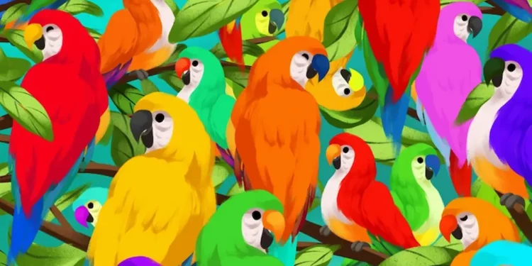 Desafio visual com papagaios coloridos e camaleão camuflado – encontre o camaleão escondido.