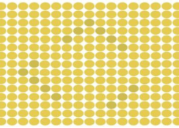 Teste visual com vários círculos amarelos uniformes formando padrão com figura escondida entre eles