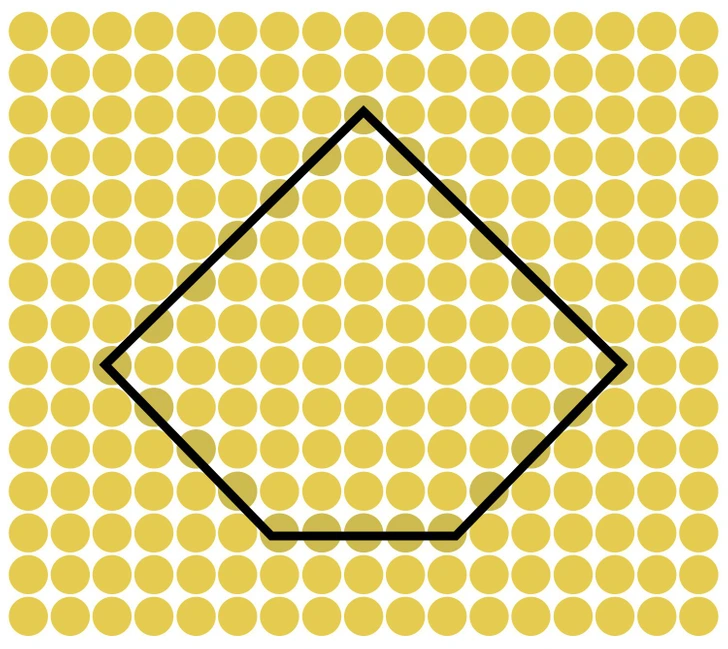 Círculos amarelos ocultando figura em ilusão de ótica visual Teste visual com vários círculos amarelos uniformes formando padrão com figura escondida entre eles