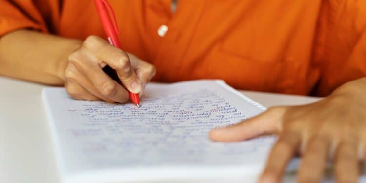 Pessoa fazendo anotações em caderno com caneta vermelha, representando a preparação para o concurso da Prefeitura de Governador Celso Ramos SC