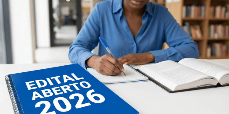 Mulher escrevendo em caderno azul com texto "Edital Aberto 2026" ao lado de livros abertos em biblioteca
