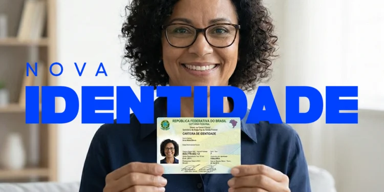 Mulher sorrindo enquanto segura a nova Carteira de Identidade do Brasil, símbolo de cidadania e modernização.